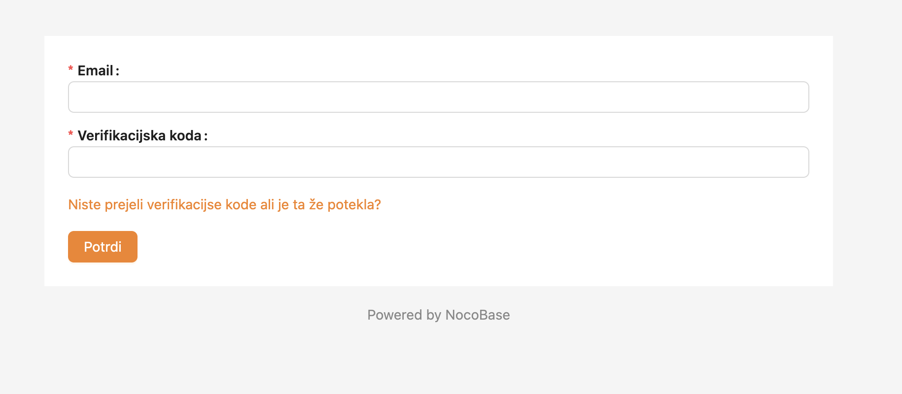 Obrazec za vnos e-pošte in verifikacijske kode
